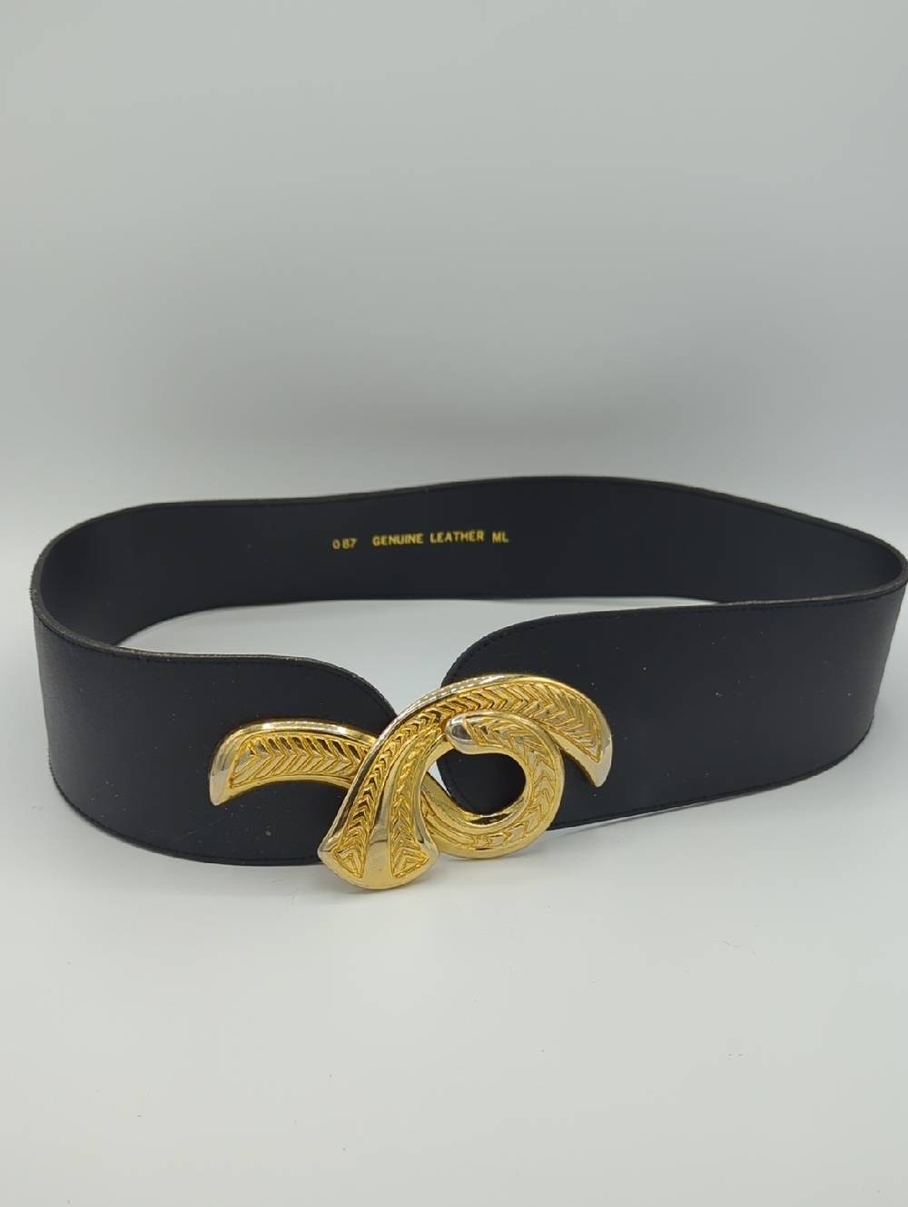 Black Genuine Leather Belt with Gold Decorative Buckle